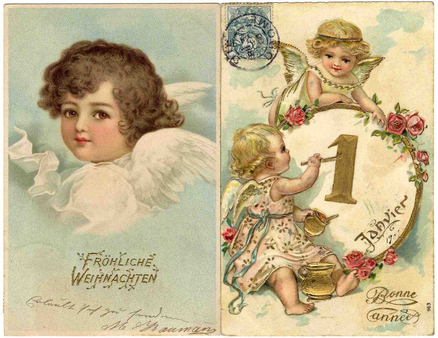 アンティークポストカード　イラスト　　金彩　エンボス　天使と子山羊